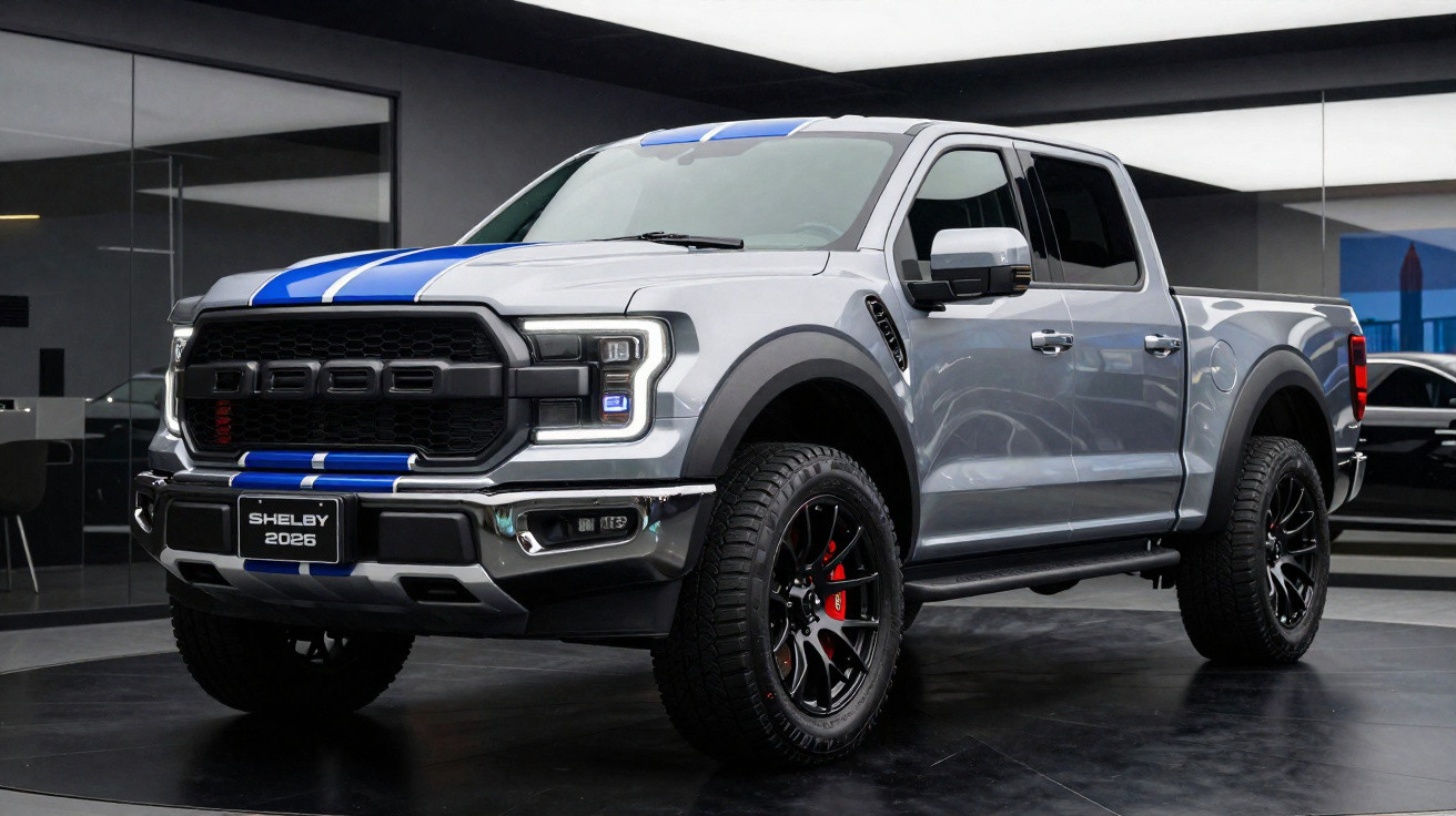 Pick-up cinzenta com riscas azuis, rodas pretas e detalhes vermelhos, estacionada em ambiente interior moderno.