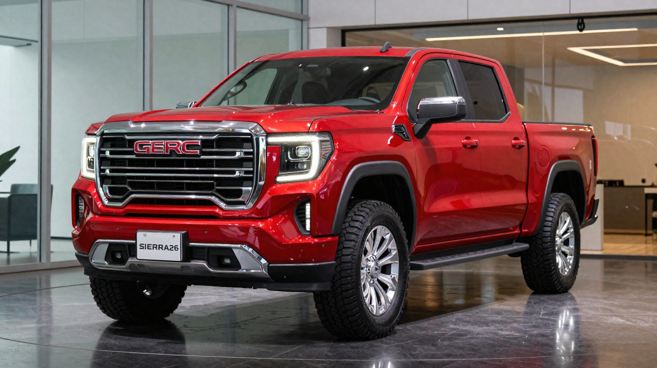 Pick-up vermelha GERC Sierra26 estacionada em interior moderno com pavimento cinza refletor.