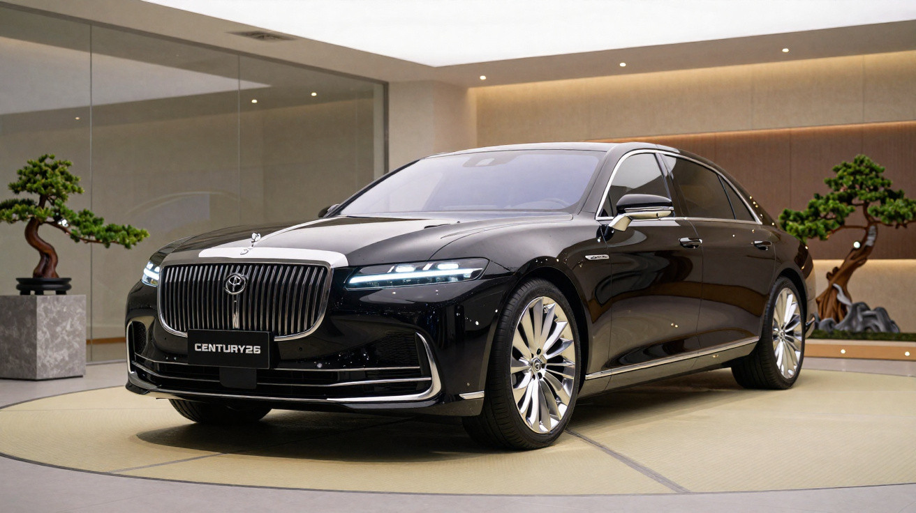 Carro preto Toyota Century 2026 estacionado num espaço interior moderno com árvores decorativas.
