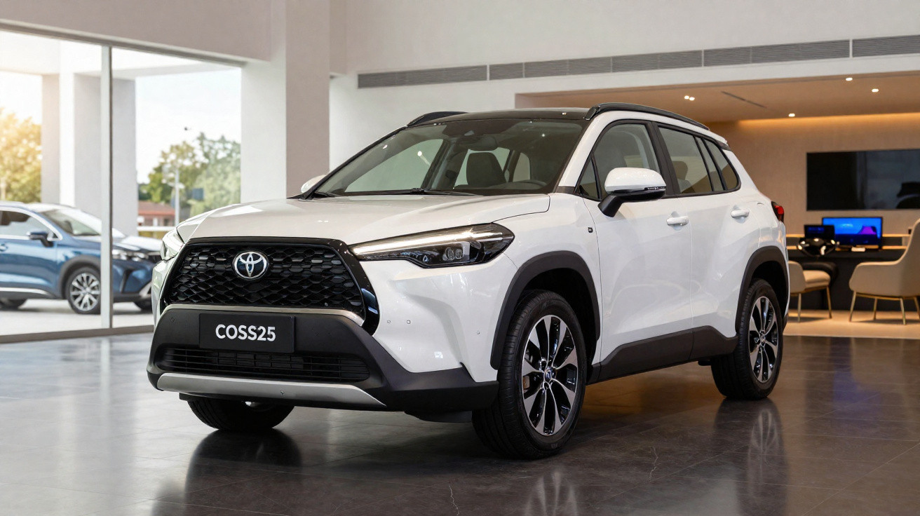 SUV Toyota Coss25 branco exposto numa sala de showroom moderna com decoração contemporânea.