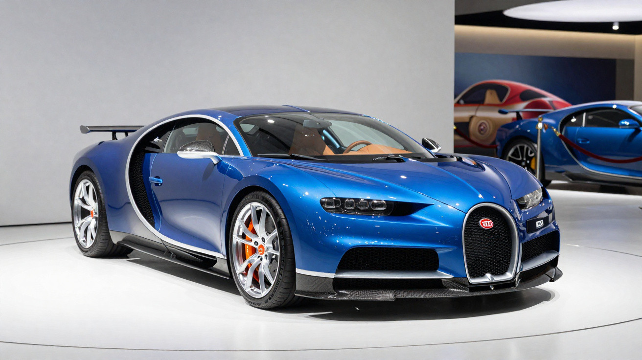 Carro desportivo azul Bugatti Chiron exposto em salão automóvel com iluminação branca.