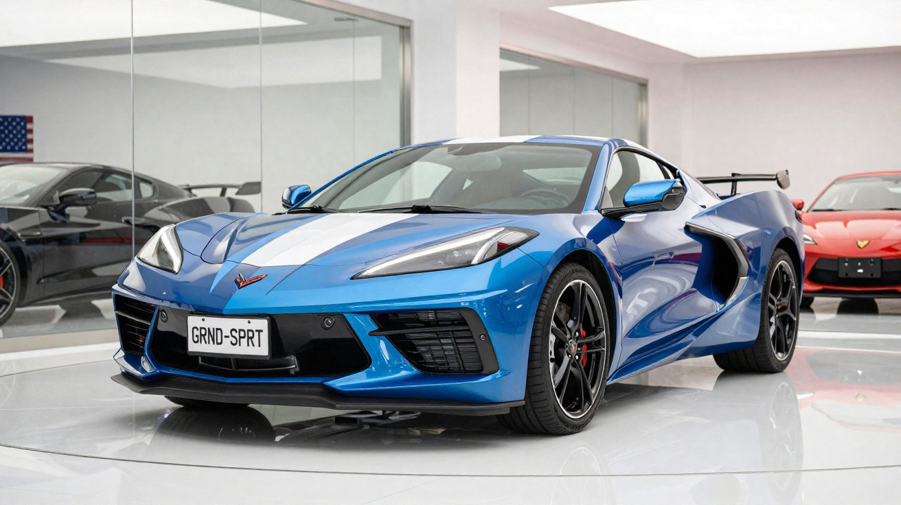 Carro desportivo azul com faixa branca exposto numa sala com outros veículos.