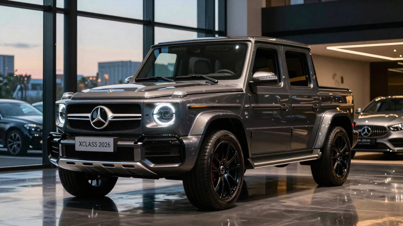 Mercedes-Benz X-Class 2026 cinzento metálico estacionado num showroom moderno com iluminação suave.