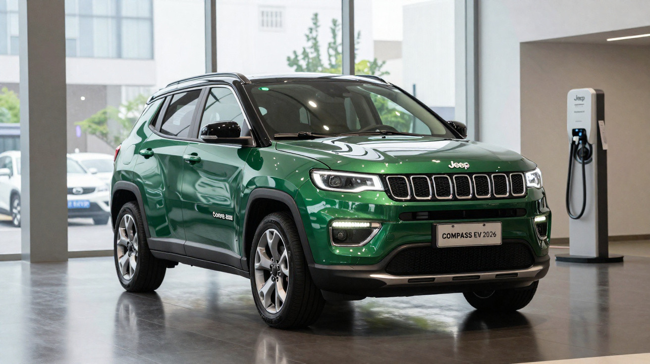 Carro elétrico Jeep Compass EV 2026 verde estacionado num salão com estação de carregamento.