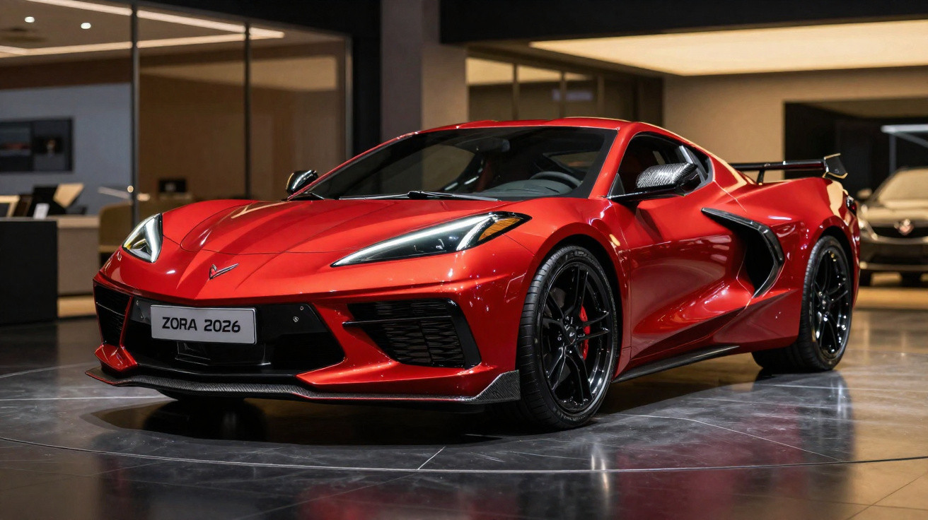 Carro desportivo vermelho Zora 2026 exposto numa sala com chão brilhante e luz suave.