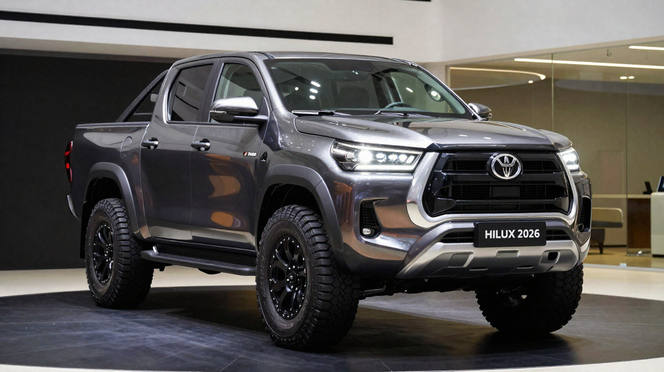 Toyota Hilux 2026 cinzenta estacionada em ambiente interior moderno com iluminação suave.