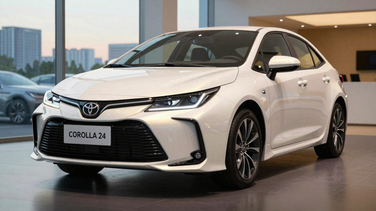 Carro branco Toyota Corolla 2024 em exposição numa sala com janelas grandes.