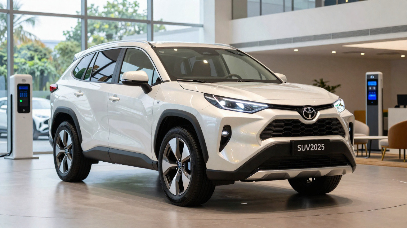 SUV branco Toyota estacionado numa sala de exibição moderna com carregadores eléctricos ao fundo.