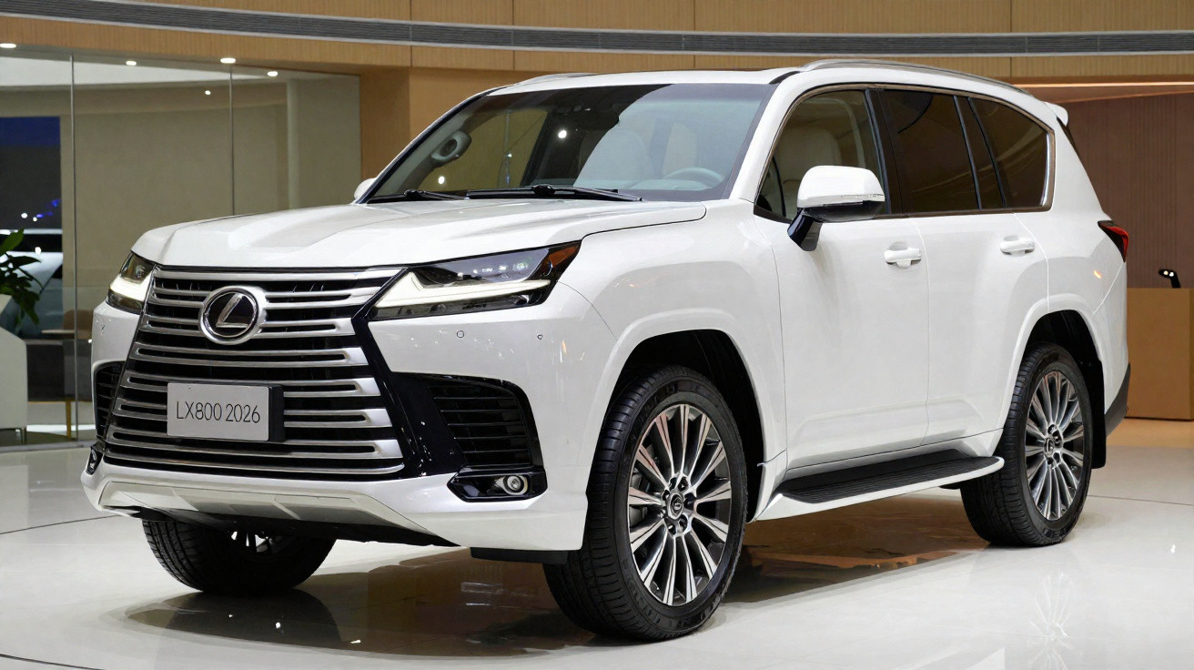 SUV Lexus LX 800 2026 branco exibido em showroom moderno e bem iluminado.