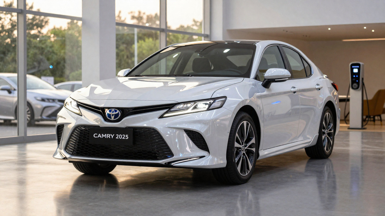 Carro Toyota Camry 2025 branco em showroom com chão de cimento e paredes de vidro.