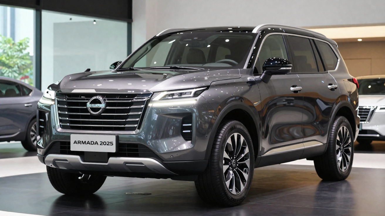 SUV Nissan Armada 2025 cinza metalizado, exposto em ambiente de showroom moderno.