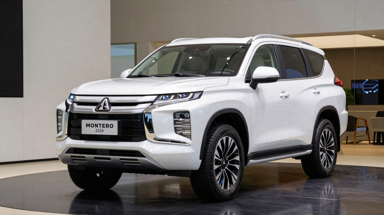 SUV branco Mitsubishi Montero 2024 estacionado em salão de exposição moderno.