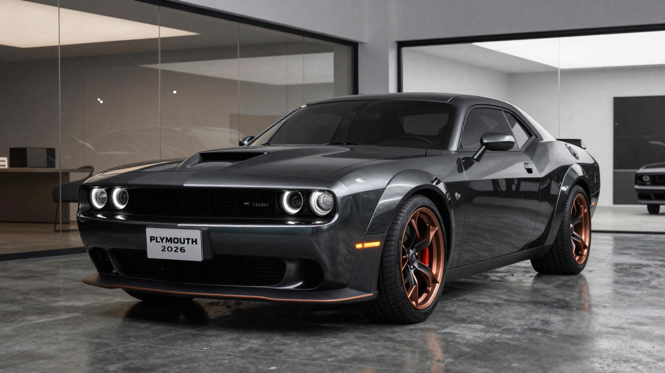 Carro desportivo Plymouth 2026 cinzento escuro com rodas bronze em garagem moderna com chão de cimento polido.