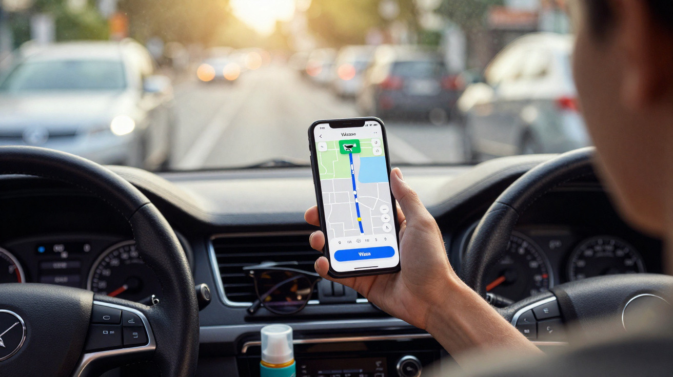 Pessoa a segurar telemóvel com aplicação de GPS dentro de carro estacionado numa estrada urbana ao pôr do sol.