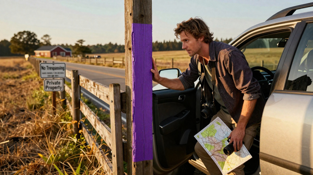 Homem com mapa e câmara sai de carro para observar um marco roxo numa cerca junto a estrada rural.