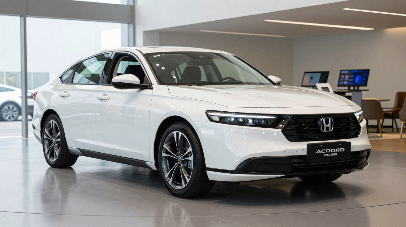 Automóvel Honda Accord 2023 branco estacionado em salão de exposição moderno.