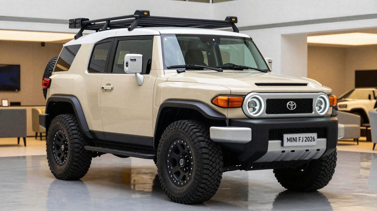 Toyota FJ Cruiser bege com faróis redondos LED e pneus off-road em showroom moderno.