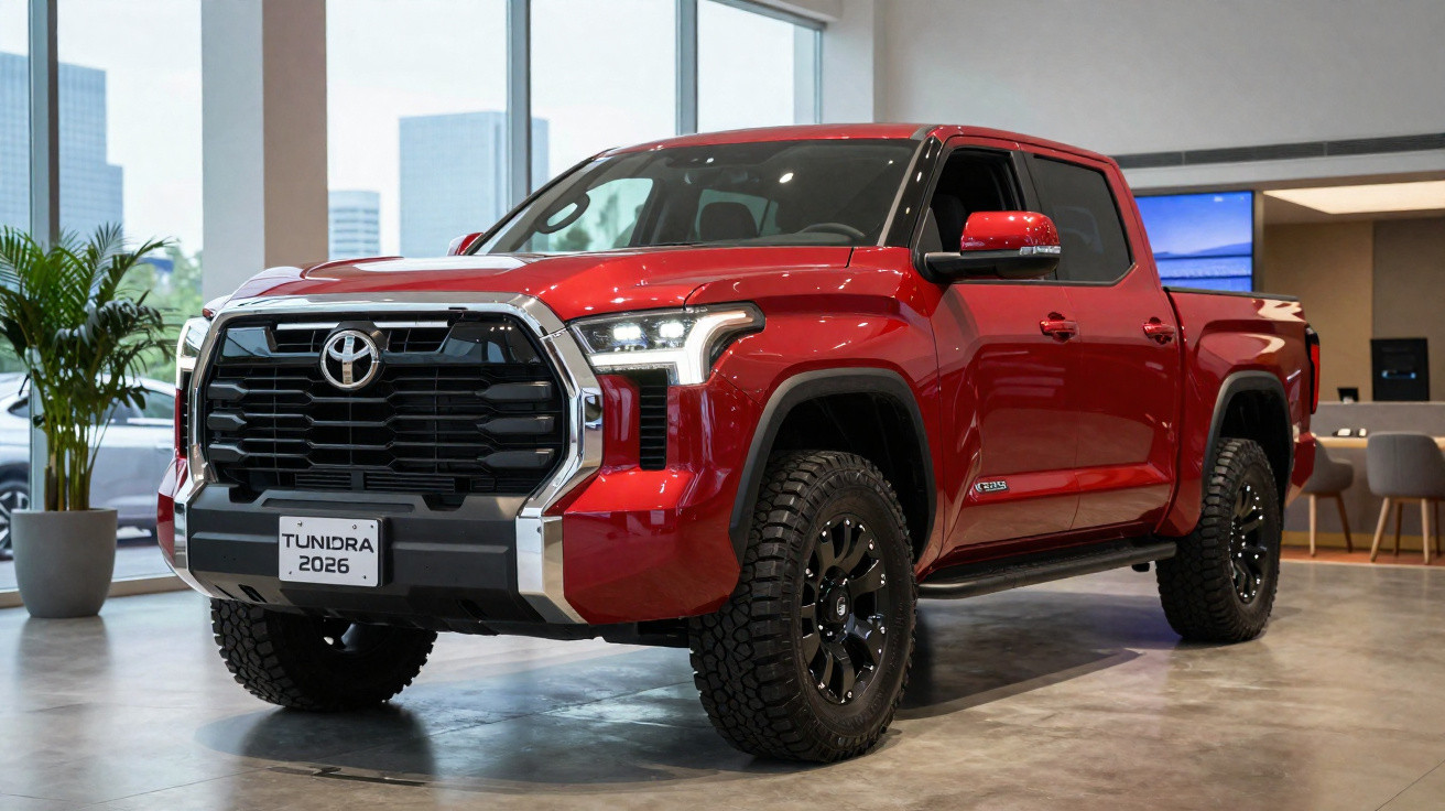 Pick-up Toyota Tundra vermelha 2026 exibida em ambiente interior moderno.