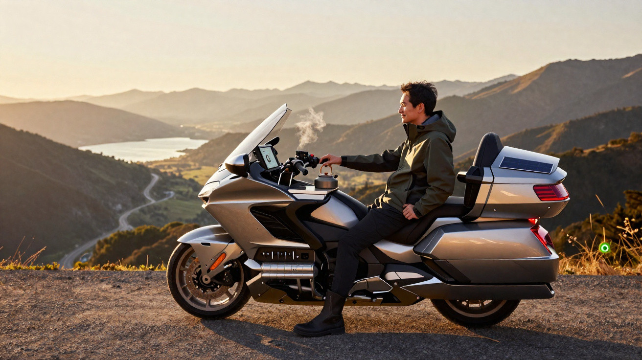 Homem sentado numa moto estacionada com paisagem de montanhas e rio ao fundo ao pôr do sol.