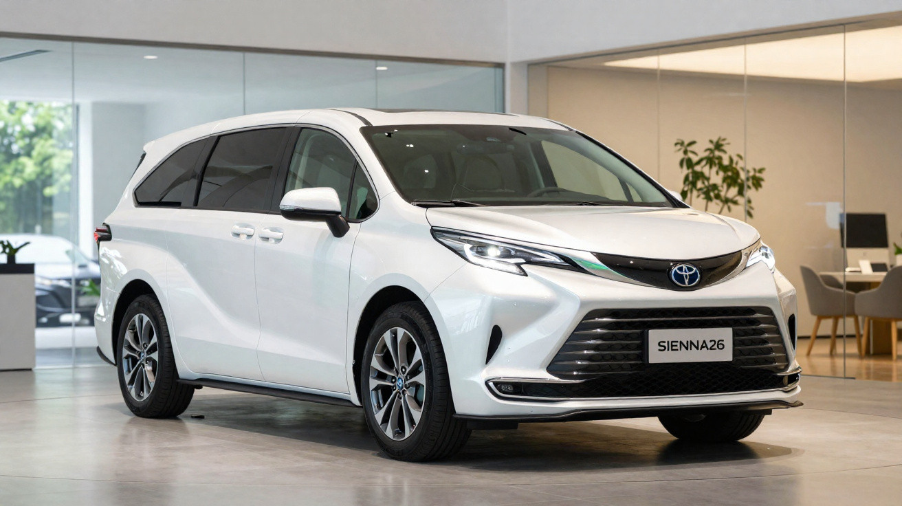Toyota Sienna branco estacionado em interior de showroom moderno e luminoso.