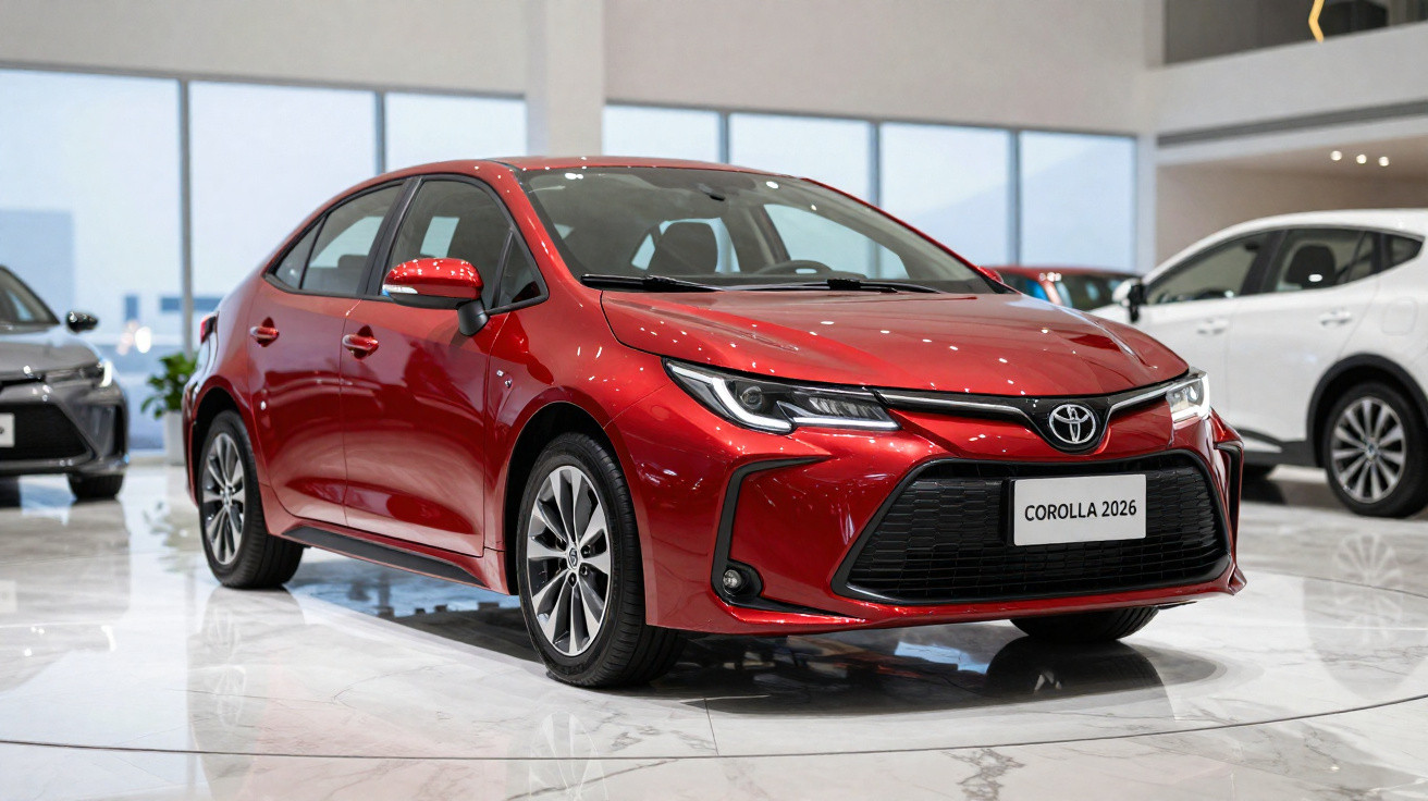 Carro vermelho Toyota Corolla 2026 exibido numa exposição com chão de mármore e luz natural.
