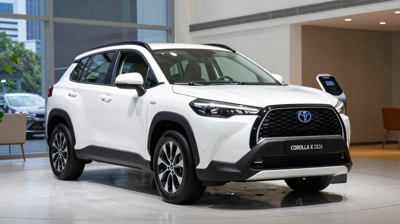 SUV Toyota Corolla X 2026 branco estacionado em sala de exposição moderna com carregador elétrico.