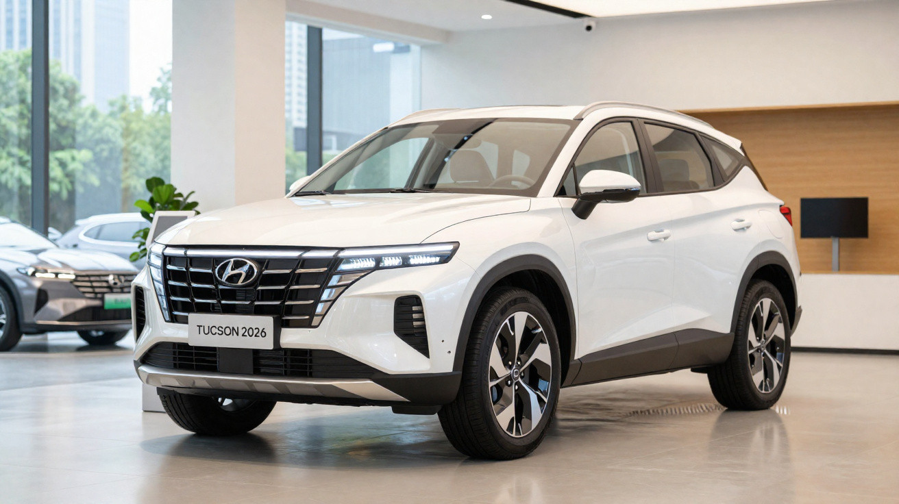 Automóvel SUV branco Hyundai Tucson 2026 exposto num showroom moderno e luminoso.