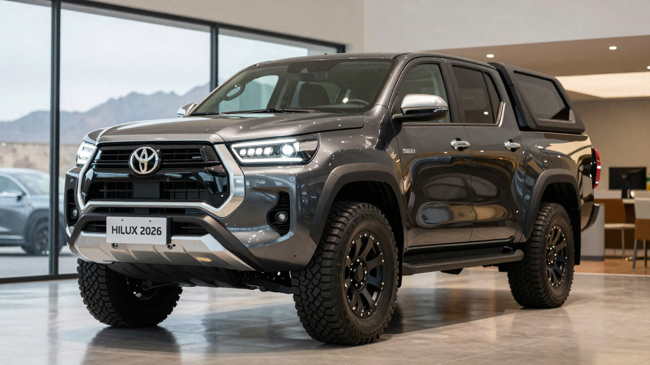 Toyota Hilux 2026 cinza escuro estacionado em showroom moderno com grandes janelas e chão polido.