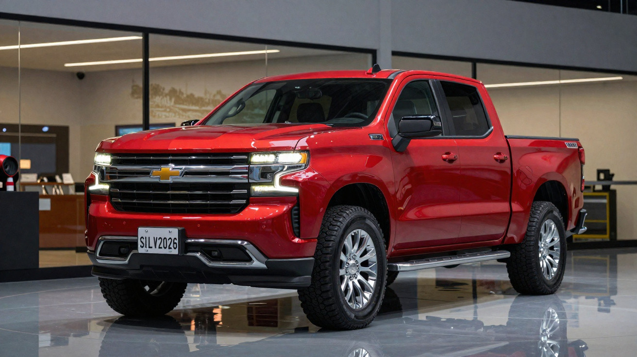 Picape Chevrolet Silverado vermelha, estacionada em showroom moderno com chão refletor.