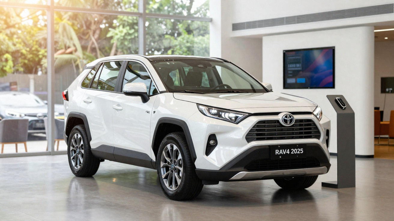 SUV Toyota RAV4 2025 branco exibido numa sala moderna com grandes janelas e iluminação natural.