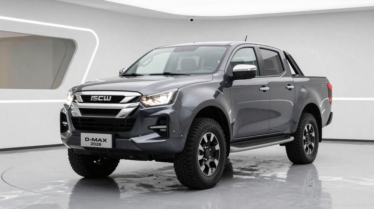 Pick-up cinzenta ISCW D-MAX 2026 vista ligeiramente de frente em ambiente interior moderno e minimalista.