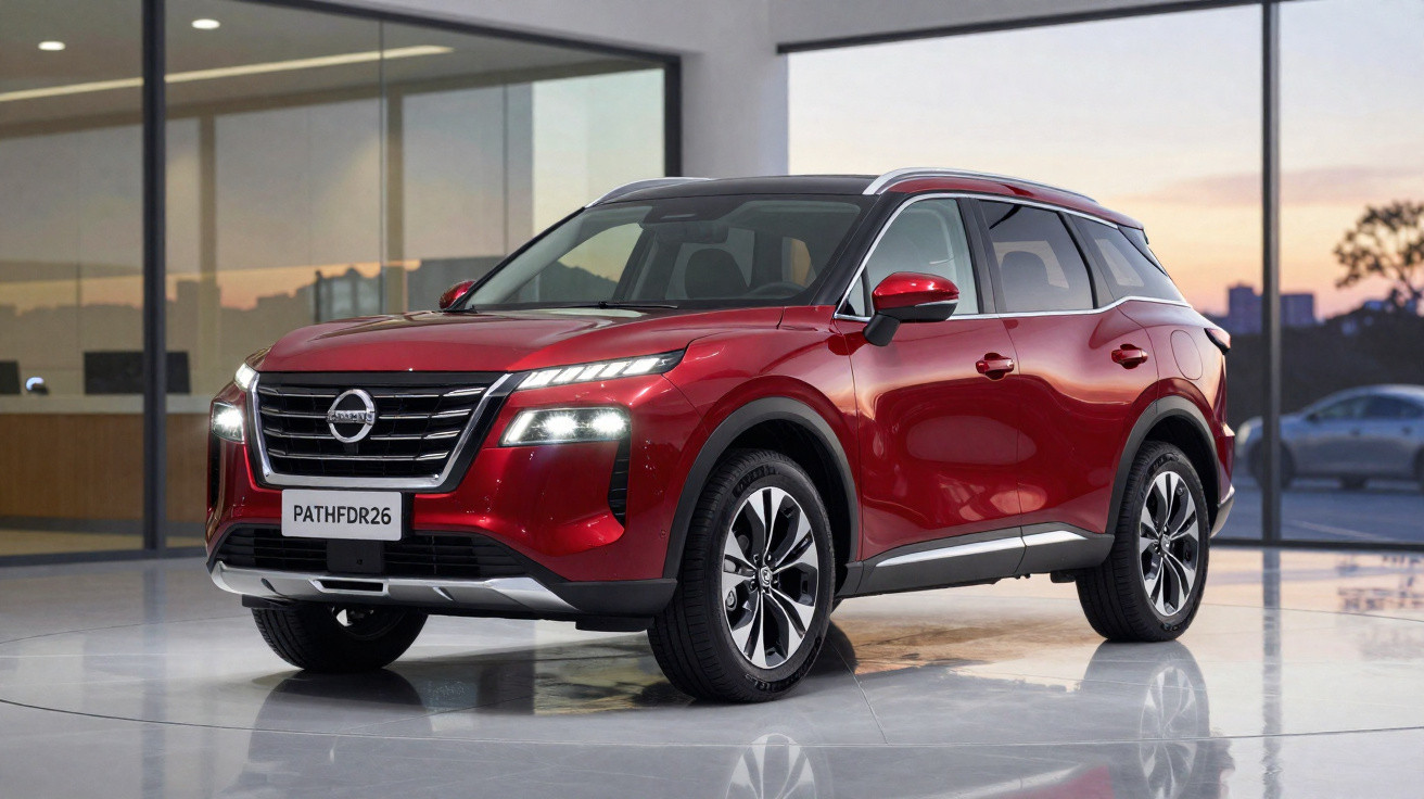 SUV Nissan Pathfinder vermelho estacionado em salão moderno com grandes janelas de vidro ao fundo.