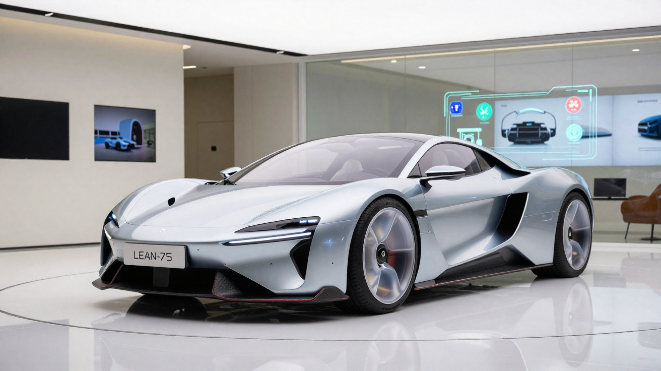 Carro desportivo moderno prateado exposto numa sala de exposição minimalista e tecnológica.