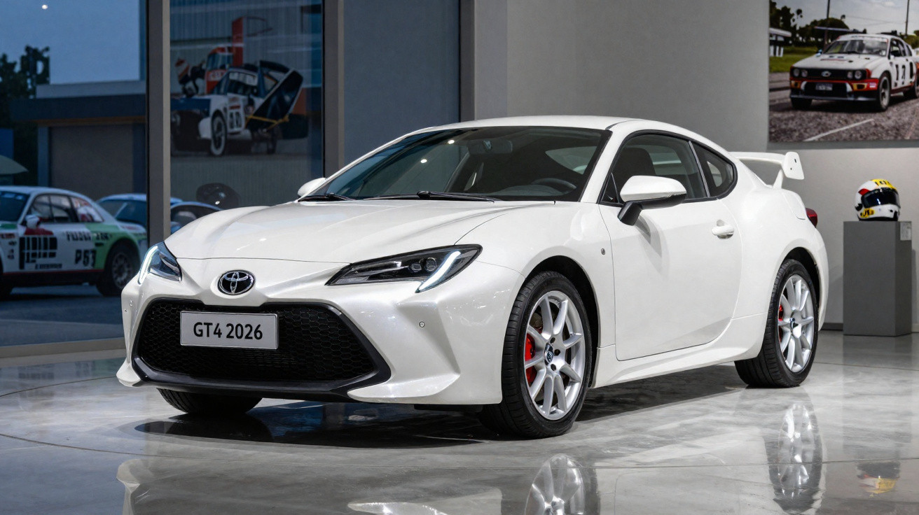 Carro desportivo branco Toyota GT4 2026 em exposição num salão moderno com reflexos no chão brilhante.