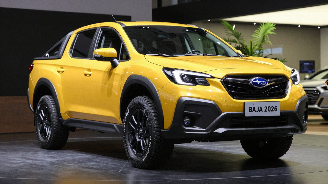 Pick-up Subaru Baja 2026 amarela exposta em salão de automóveis.