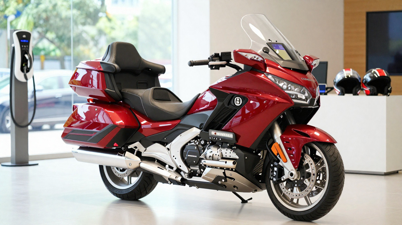 Motociclo touring vermelho estacionado em salão moderno com capacetes ao fundo.
