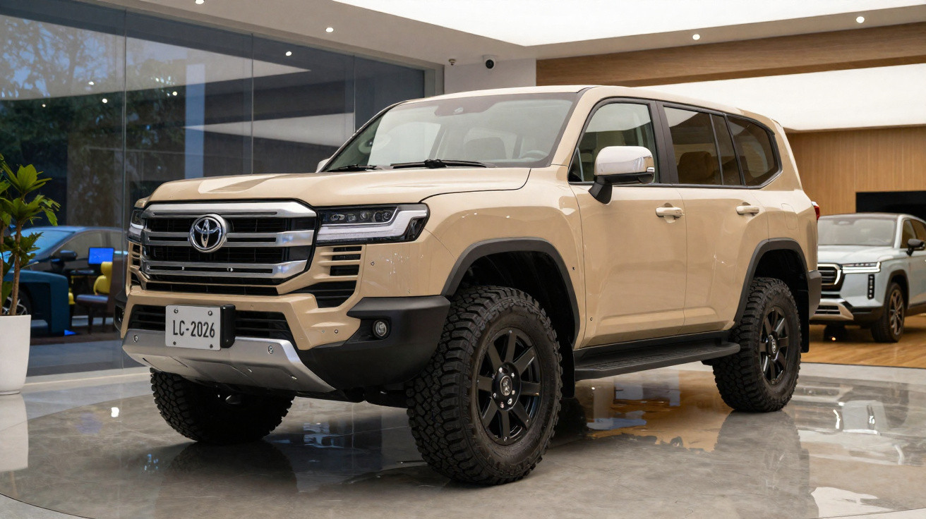 Veículo SUV Toyota Land Cruiser bege estacionado em interior moderno com piso cinzento refletivo.