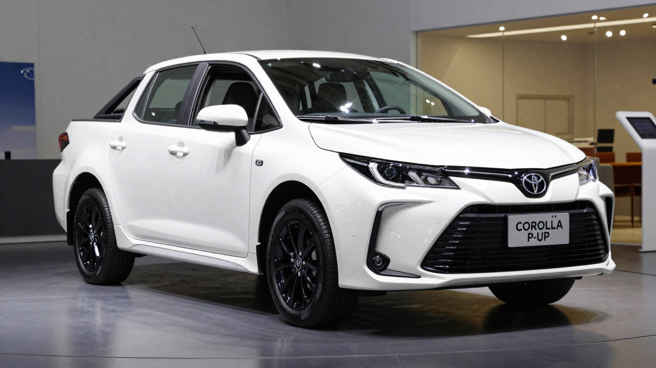 Carro Toyota Corolla P-UP branco estacionado em sala de exposição, vista 3/4 frente direita.