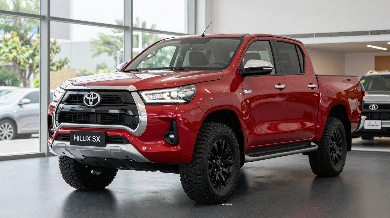Picape Toyota Hilux SX vermelha estacionada em showroom moderno com grandes janelas e iluminação natural.