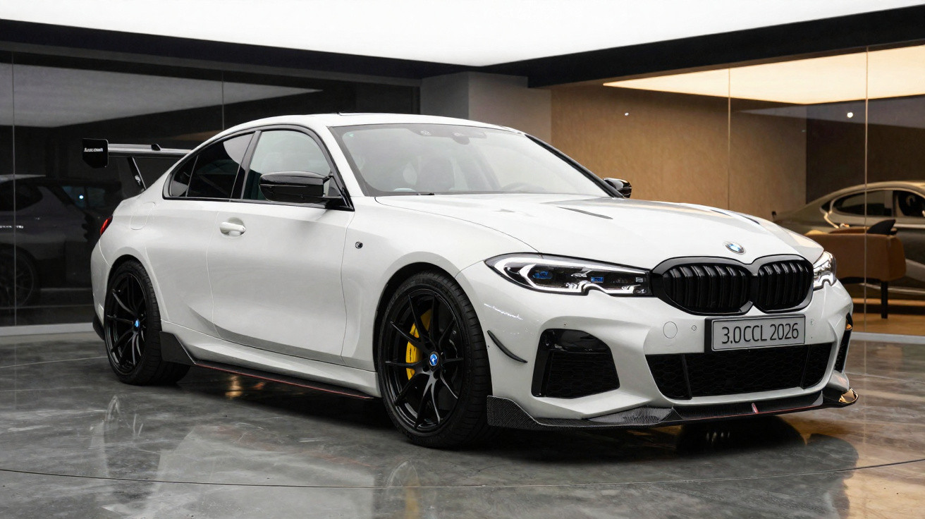 Carro desportivo BMW branco estacionado num piso interior com paredes de vidro e reflexos no chão.