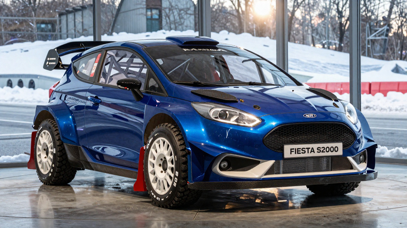 Ford Fiesta S2000 azul de rali em exposição numa sala com neve visível através das janelas.