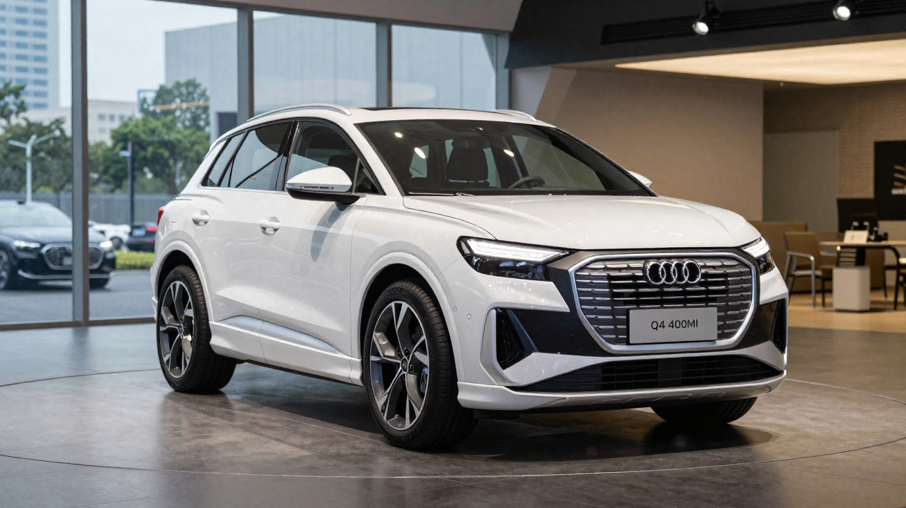 Audi Q4 400MI branco em exposição numa sala de showroom moderna com janelas grandes.