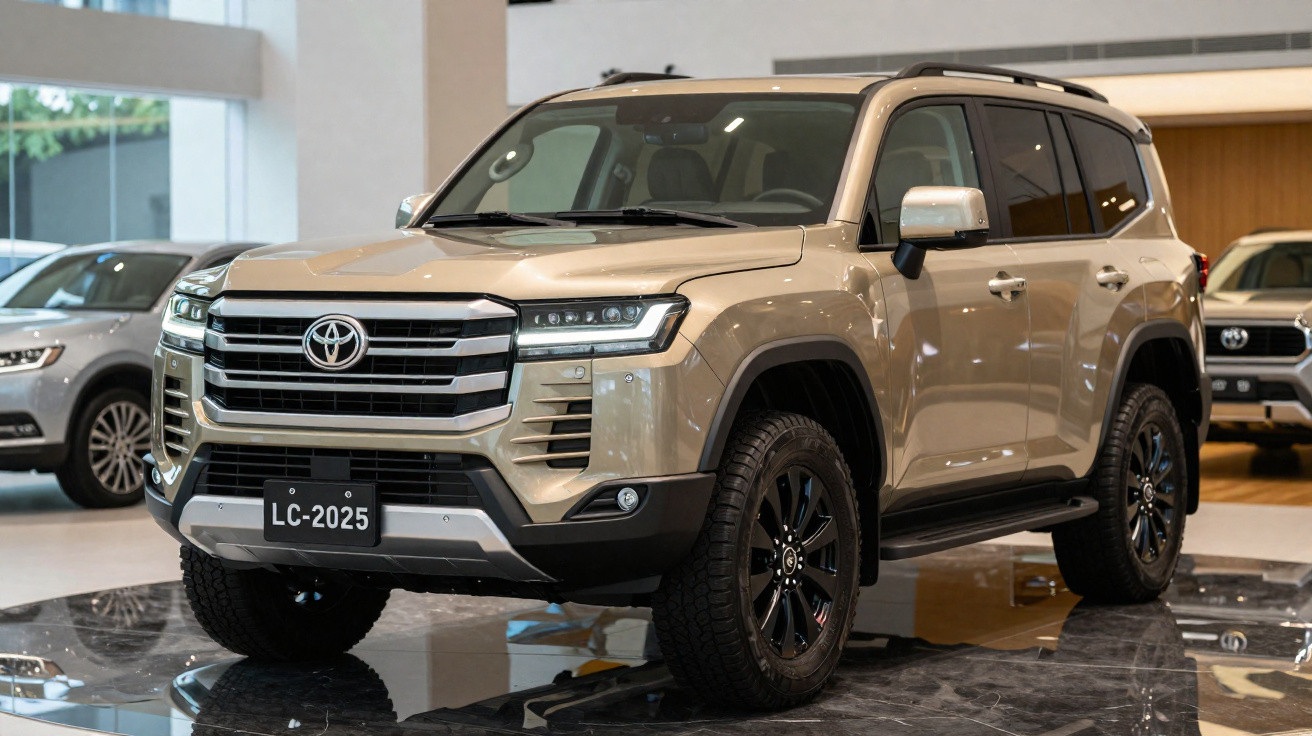 SUV Toyota Land Cruiser dourado exposto em salão automóvel moderno.