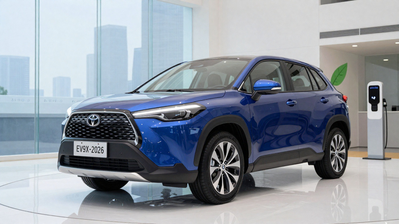 Carro SUV eléctrico azul Toyota EV9X-2026 numa sala moderna com carregador elétrico ao fundo.