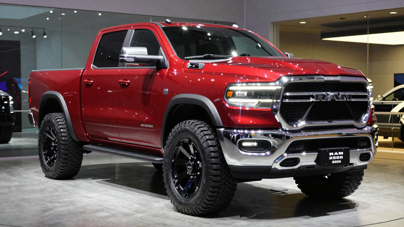 Picape vermelha RAM 2500 2023 exibida em salão automóvel com detalhes cromados e pneus off-road.