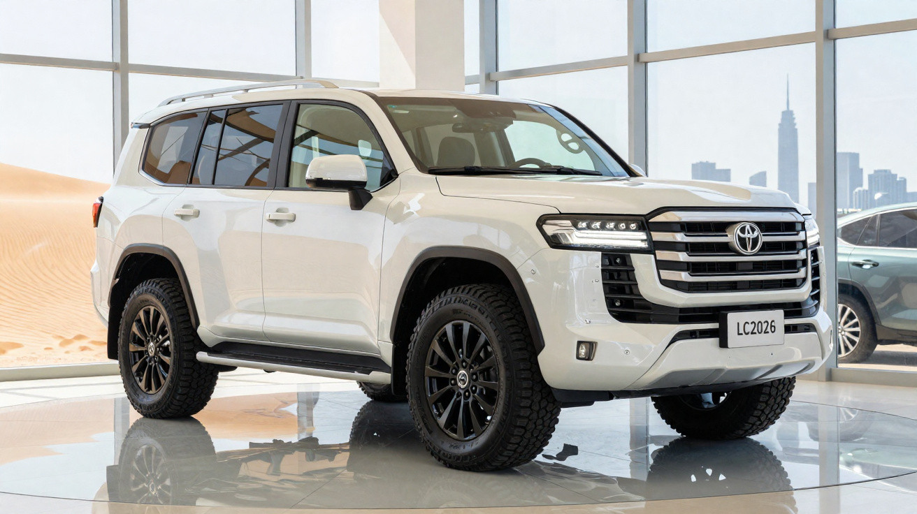 Carro SUV Toyota branco modelo LC2026 exposto em ambiente fechado com janelas amplas.
