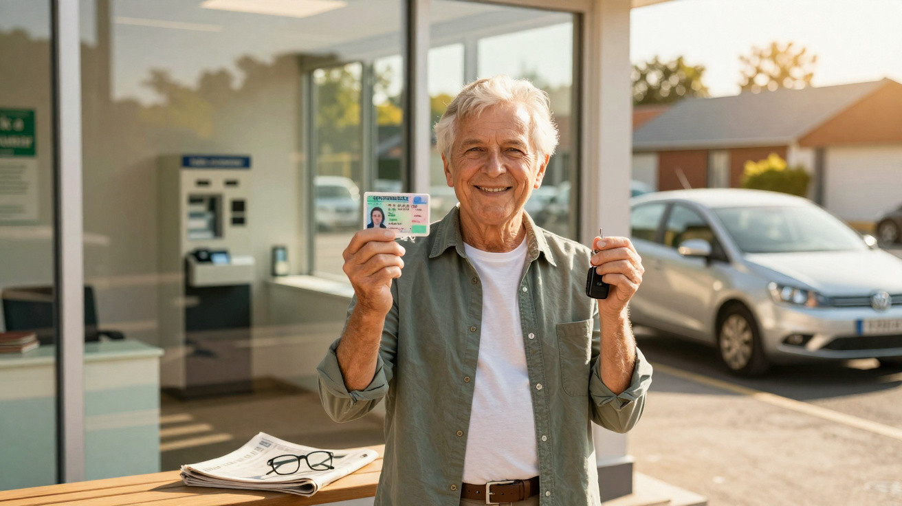 Homem idoso sorridente mostrando carta de condução e chave de carro junto a viatura estacionada.