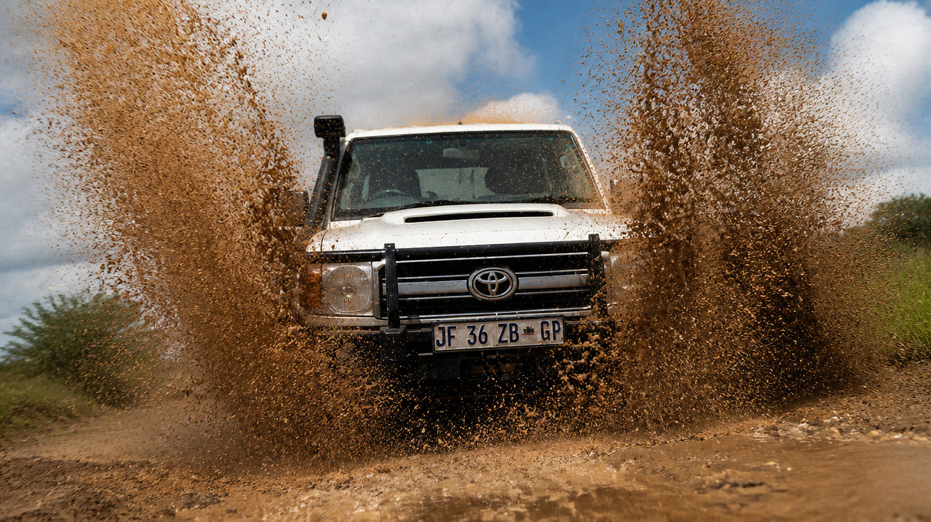 Jipe branco Toyota a passar por lama, levantando grande ondulação de água e terra num dia nublado.