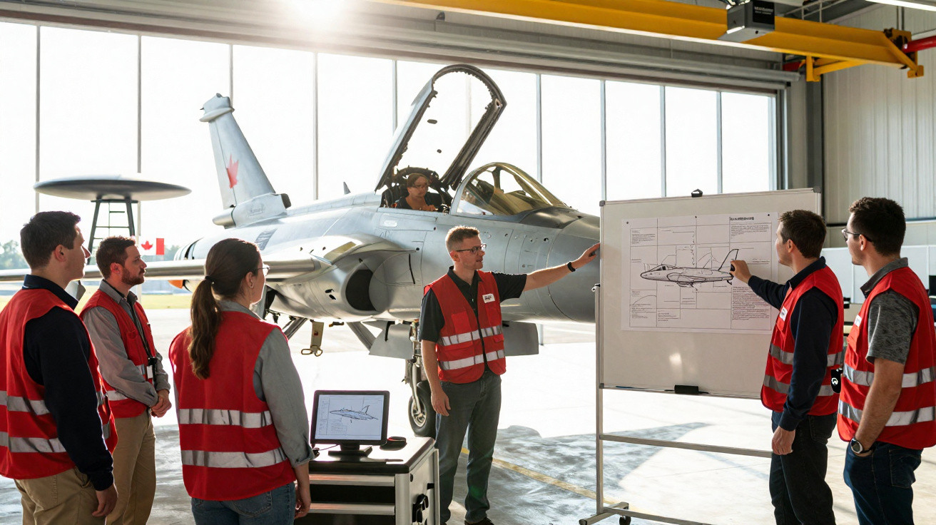 Grupo de técnicos em coletes vermelhos em formação junto a jato numa hangar, com esquema do avião num quadro branco.
