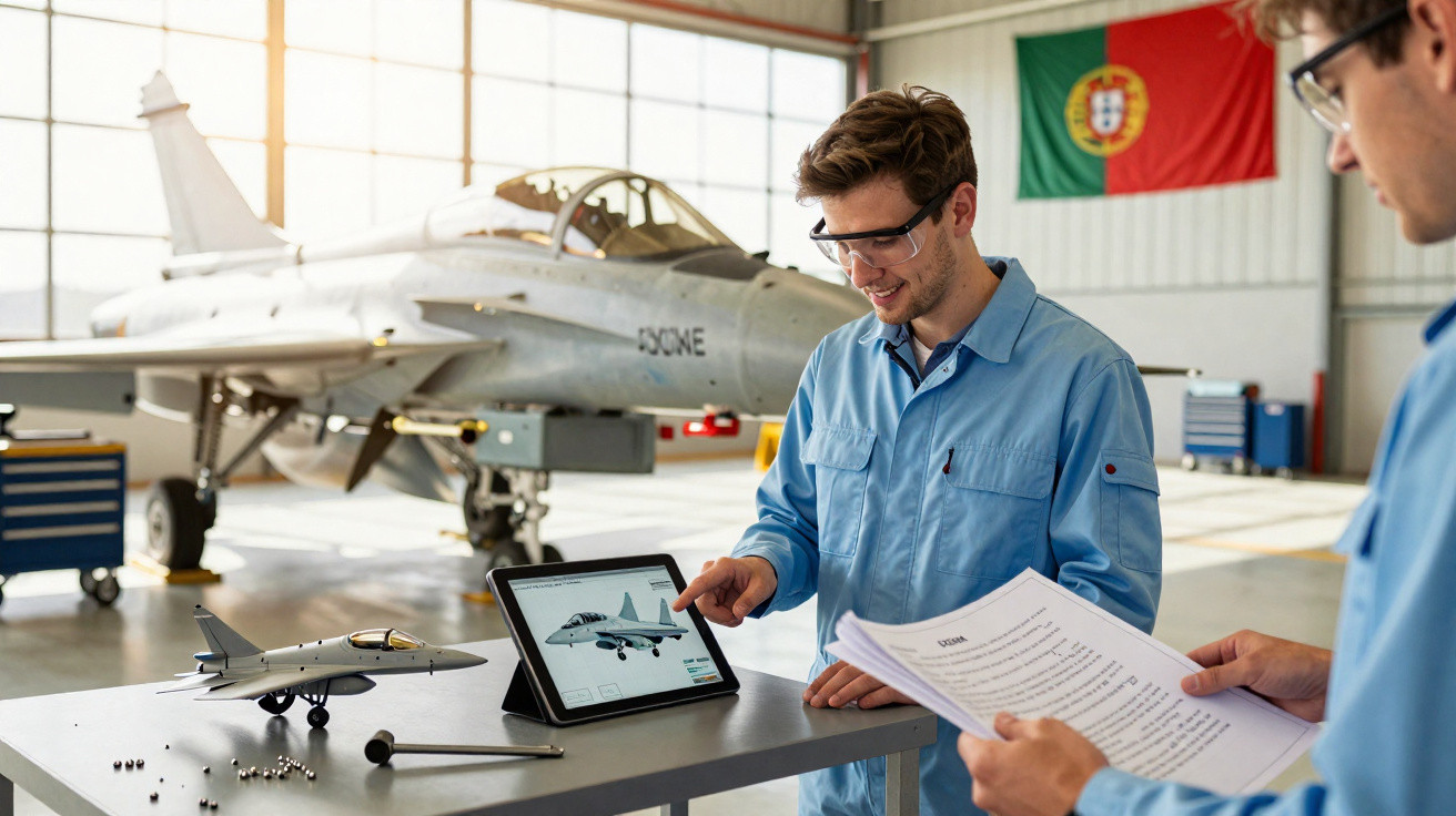Dois engenheiros com fatos de trabalho analisam projeto de avião em tablet numa oficina com jato militar ao fundo.